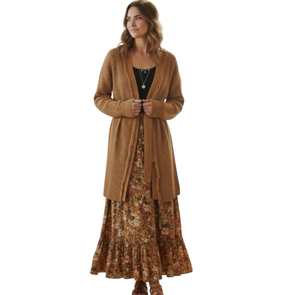 Antonio Melani Masiee Fringe Longline Belted Cardigan Women's S Tan Boho Chic